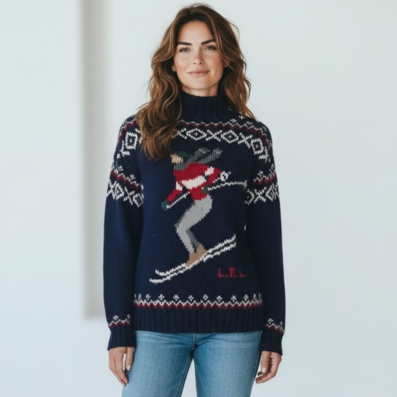 Lauren Ralph Lauren Navy Turtleneck Sweater with Ski Design linen cotton blend M - Picture 15 of 15